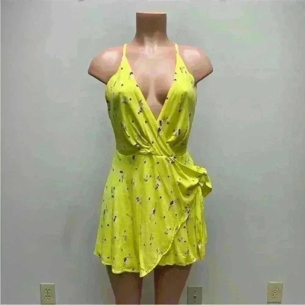 Free People Electric Yellow Floral Sleeveless Tango At Night Wrap Romper 10 - Picture 3 of 15